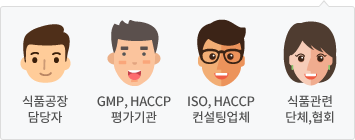 식품공장 담당자, GMP, HACCP 평가기관, ISO, HACCP 컨설팅업체, 식품관련 단체,협회