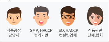 식품공장 담당자, GMP, HACCP 평가기관, ISO, HACCP 컨설팅업체, 식품관련 단체,협회